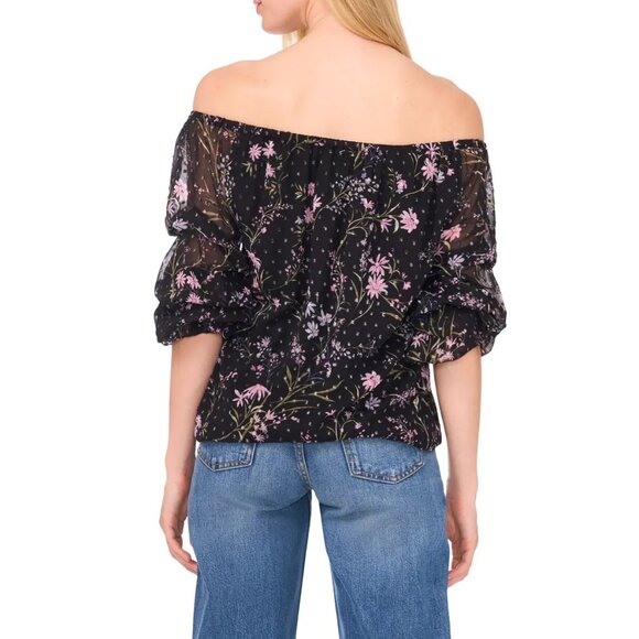 CeCe Floral Off-The-Shoulder Lantern Sleeve Black Top Womens Sz M - Picture 2 of 8